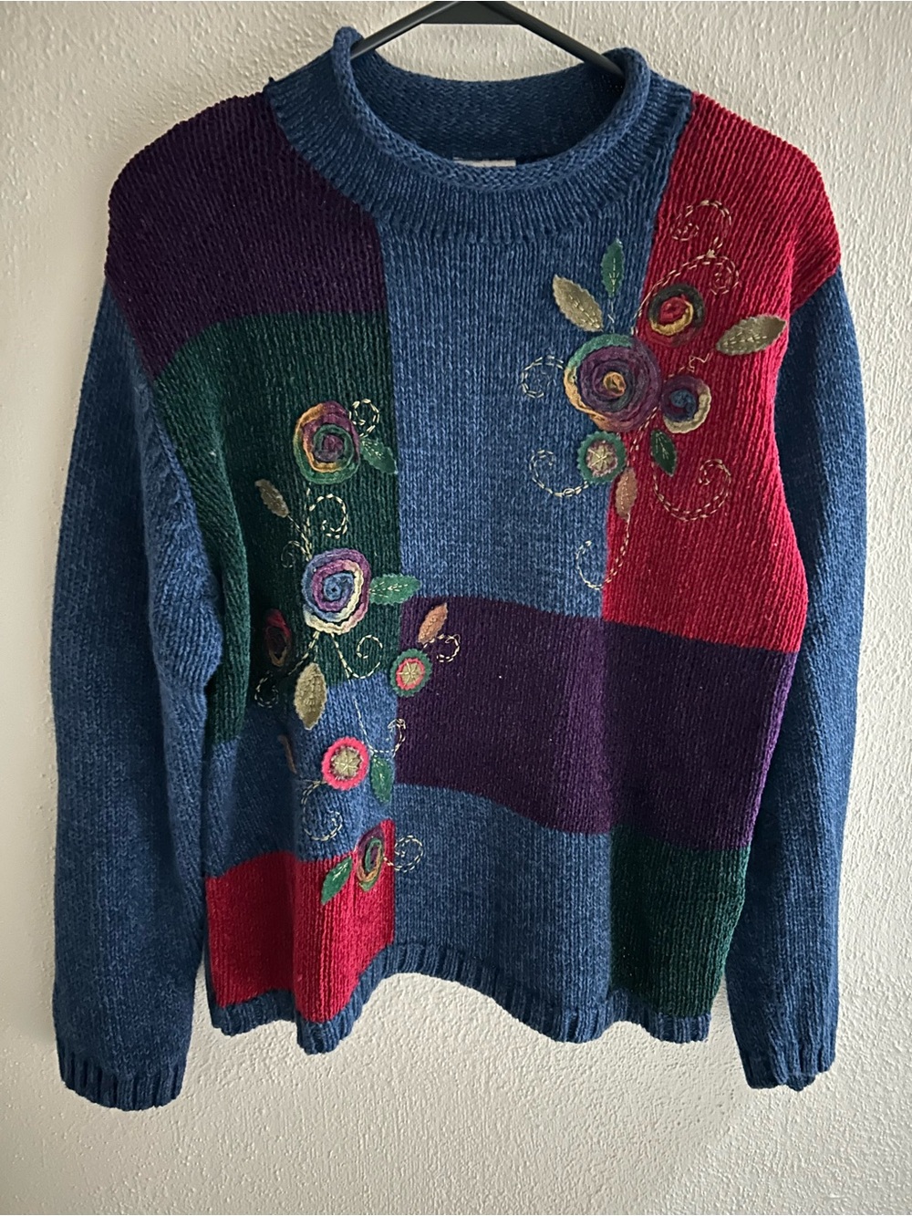 Koret Blue Red Green Purple Patchwork Floral Sweater